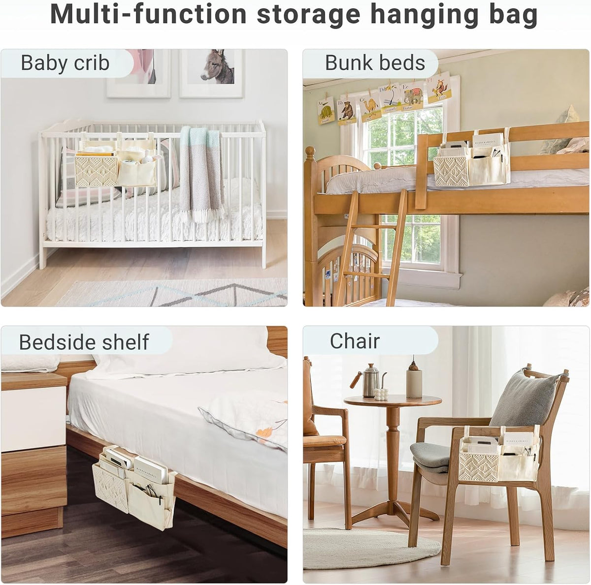 Mkono Bedside Caddy, Macrame Bunk Bed Hanging Organizer, 7 Pockets Ivory