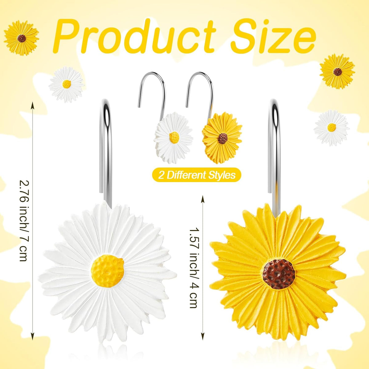 Yungyan 12 Pcs Daisy Flower Shower Curtain Hooks Sunflower Shower Curtain Rings 2 Colors Floral Decorative Hanger Hooks for Summer Wedding Living Room Bedroom Bathroom Restroom Decor