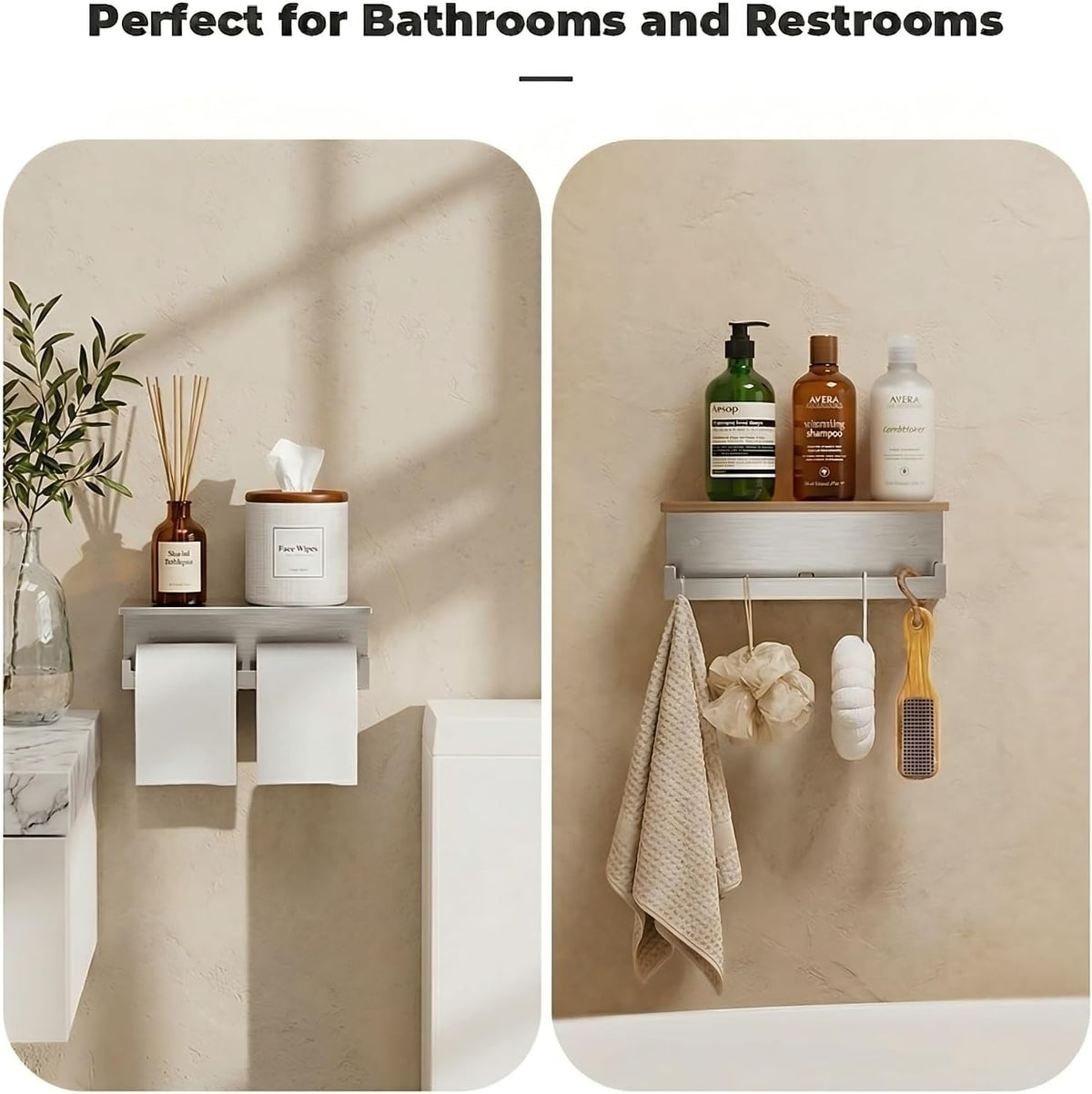 Double Toilet Paper Holder with Shelf, FreshGlow Large Tissue Holder Brushed Nickel, Wall Mount Commercial Toilet Paper Dispenser Phone Shelf Stainless Steel, Tissue Roll for Bathroom (Pack of 2)