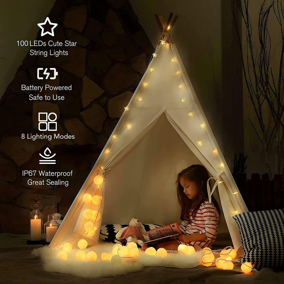 ANJAYLIA 100 LED 32FT Battery Operated Star Lights & Remote, Warm White