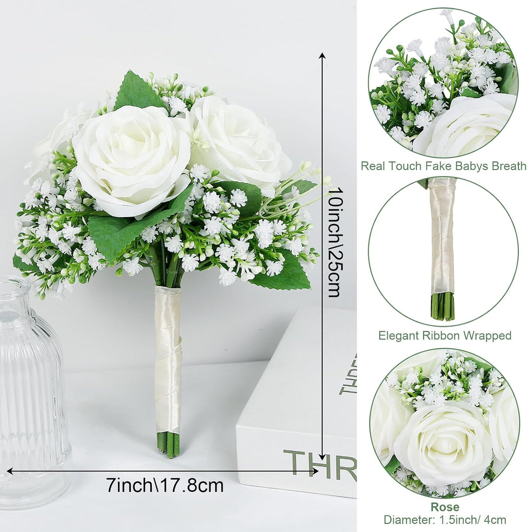 Small Bridesmaid Bouquet for Wedding - Pre-Made Artificial Flower Bouquet for Bridesmaid Silk Rose Babys Breath Bridal Bouquets for Vintage Country Boho Wedding Decorations -7 inch