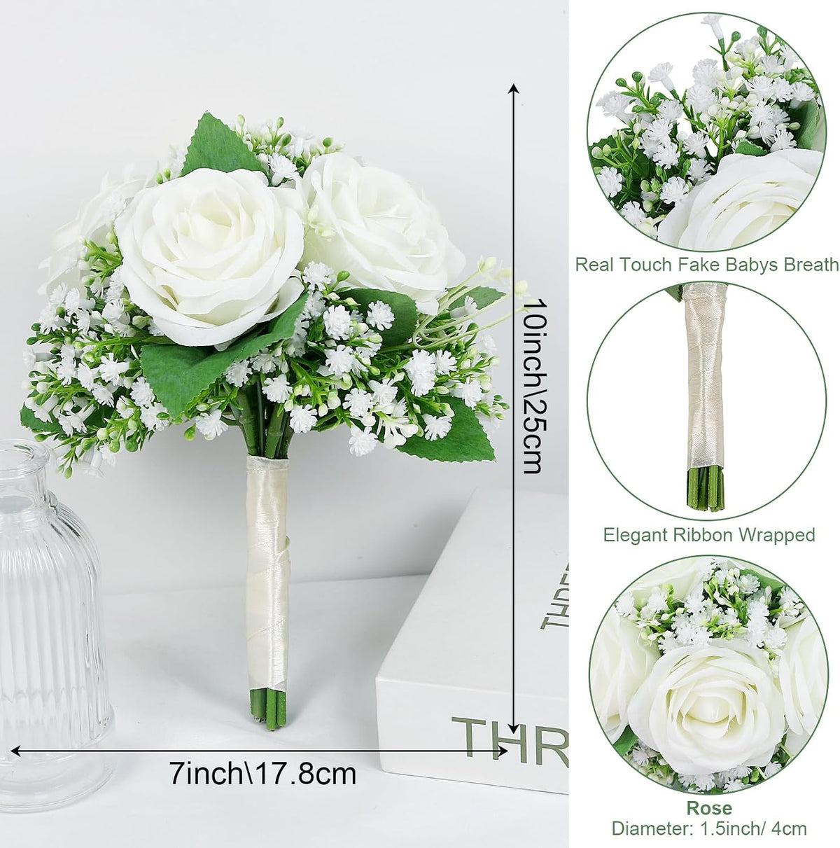 Small Bridesmaid Bouquet for Wedding - Pre-Made Artificial Flower Bouquet for Bridesmaid Silk Rose Babys Breath Bridal Bouquets for Vintage Country Boho Wedding Decorations -7 inch