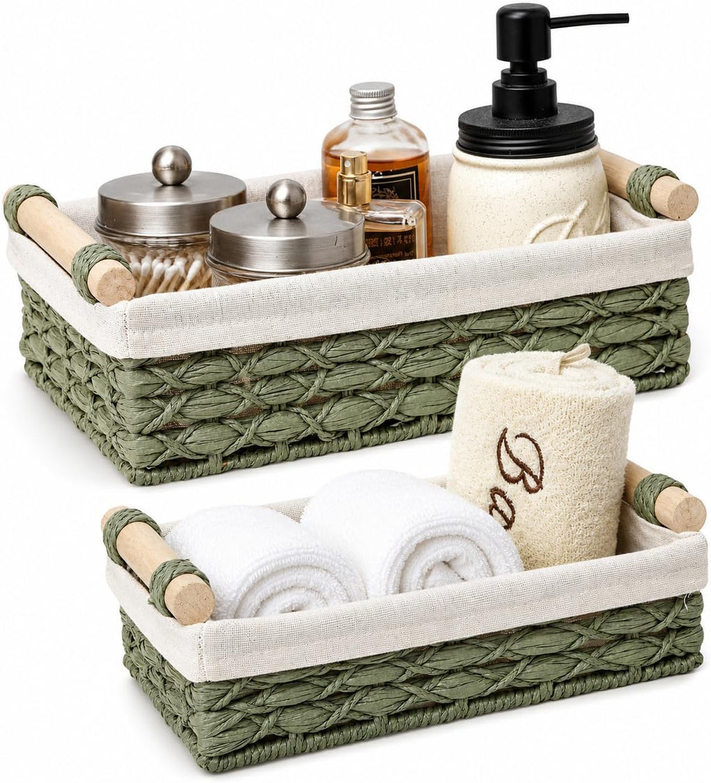 Sage Green Bathroom Baskets Set of 2, Paper Rope, Wood Handles