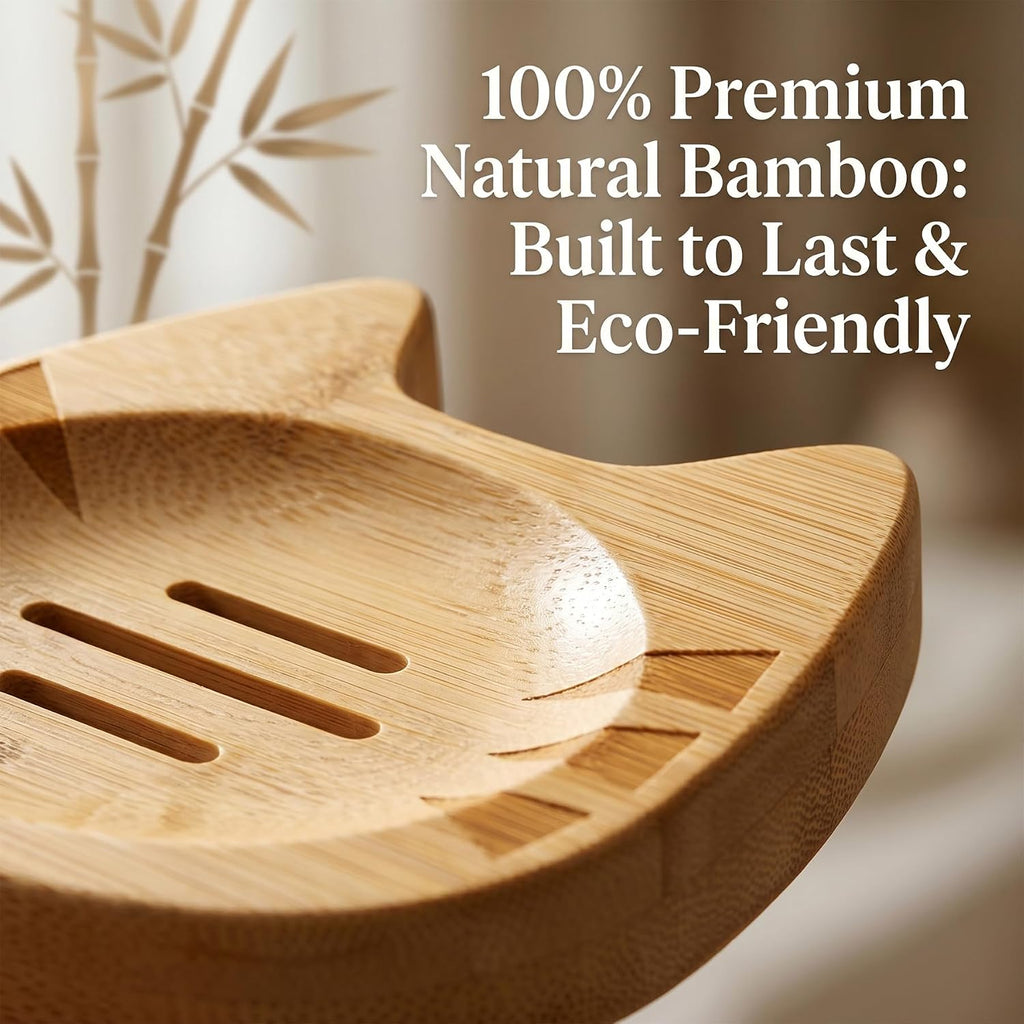 Bamboo Soap Dish Self Draining for Shower - Cute Cat Bamboo Soap Tray Holder Saver with Drainage, Natural Waterproof Decorative Tray for Bathroom, Kitchen, Sponges, Bath Tub, Shower, Sink - 1 Pack