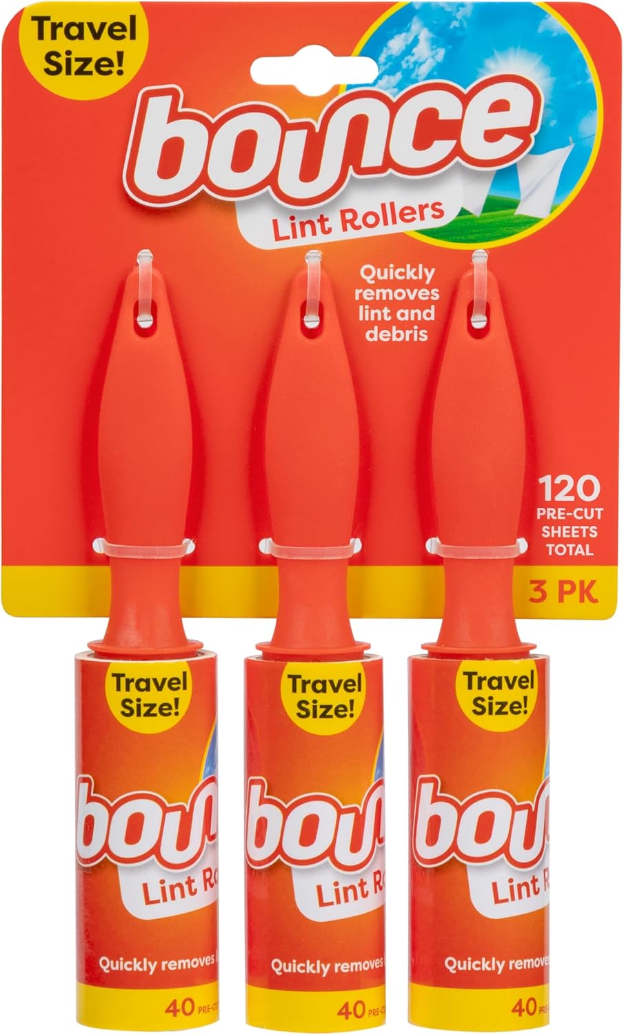 Bounce Travel Lint Rollers, 3 Pack, Quickly Removes Lint and Debris, 120 Pre-Cut Sheets Total