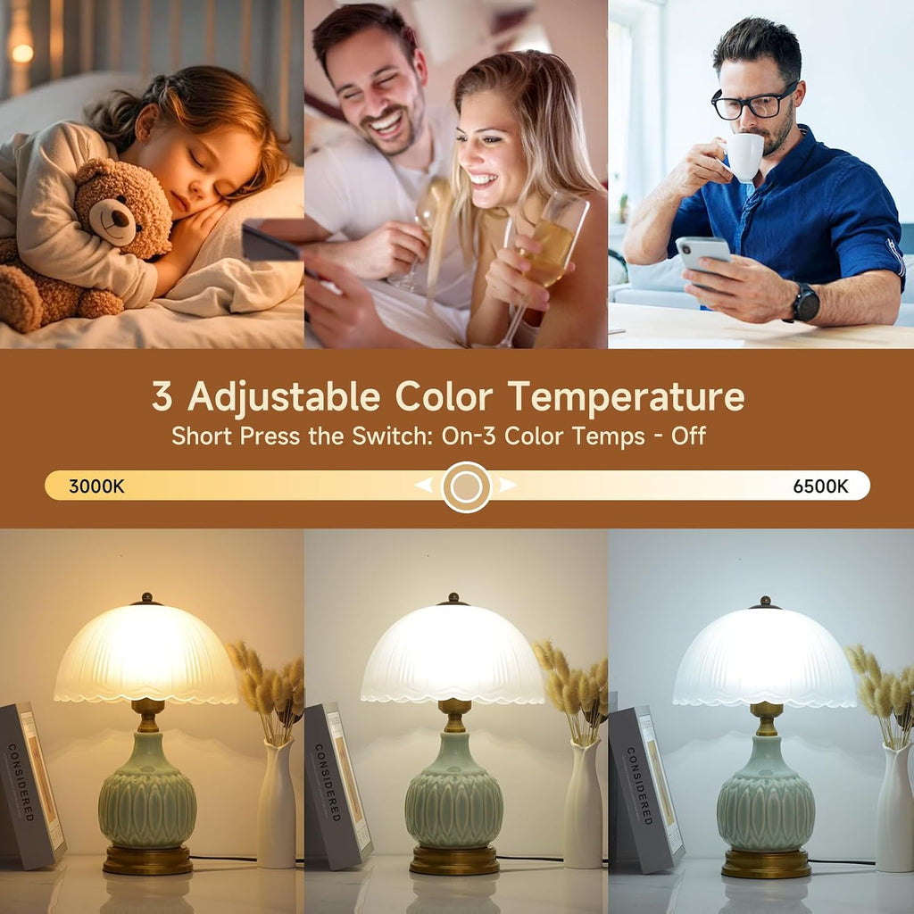 Table Lamps Ceramic Retro Lamp for Living Room,15." Modern Bedside Nightstand Traditional Lamps, Classic Chinoiserie Green Glass Lamp for Home (Retro)