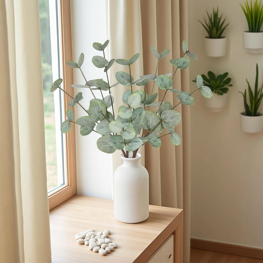 15" Artificial Eucalyptus Stems Potted Plant - Realistic Small Fake Desk Plants for Office Home Decor, Faux Plants in Frosted Ceramic Vase for Indoor Spaces, Wedding Centerpieces Table Decor-4pcs leaf