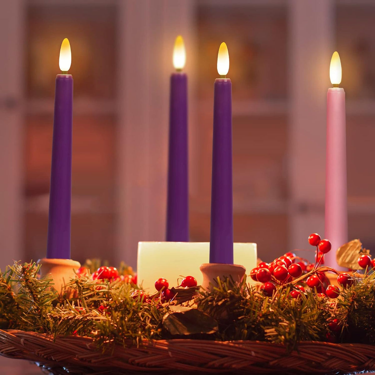 Daord 7.9" Advent Taper Candles Set of 4 Christmas LED Flameless Long Candle 3 Purple and 1 Pink for Advent Rituals Festival and Special Occasions Church Decor(3Purple+1Pink(A))
