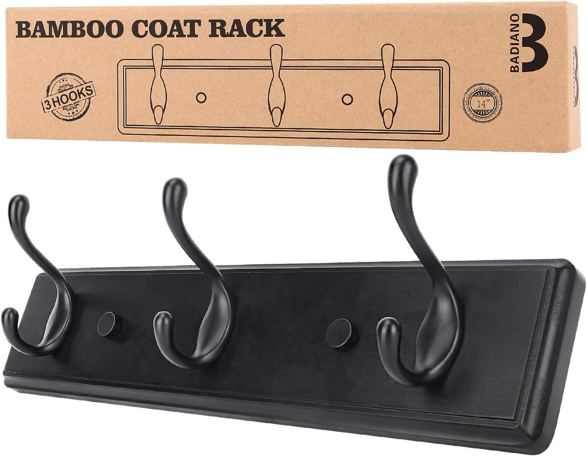 Badiano Heavy Duty Wooden Coat Rack, Wall-Mounted Organizer, 14 Inch, Black