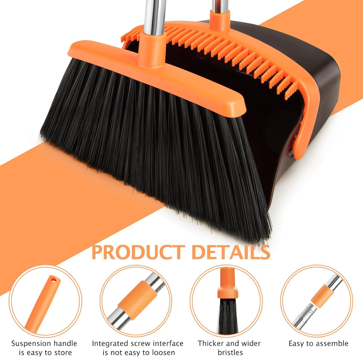 Broom and Dustpan Combo Set,Long Handle, Brown Orange