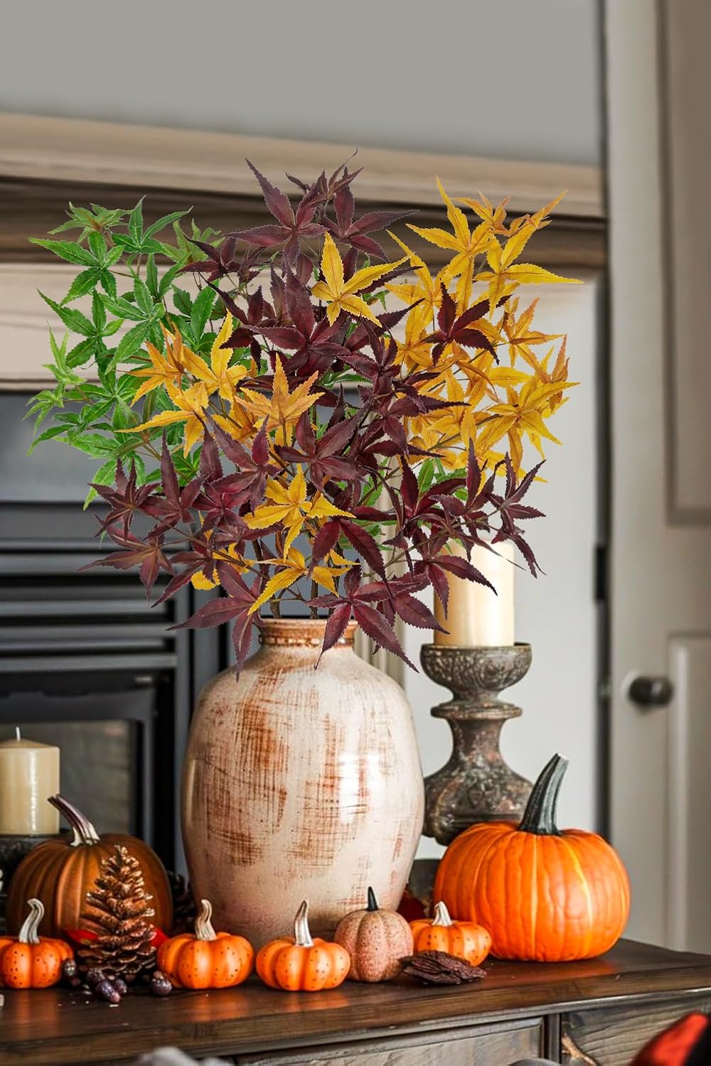 Hollyone 3Pcs Artificial Japanese Maple Leaves Branches 31.5'' Fake Fall Leaves Stems Plants Faux Maple Leaf Bushes Shrubs for Home Decor Thanksgiving Festival Party Autumn Decorations Mixed Color