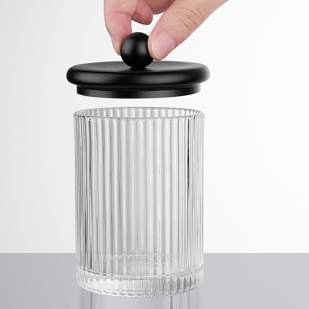 SheeChung 2 Pack Ribbed Glass Qtip Holder with Black Metal Lids