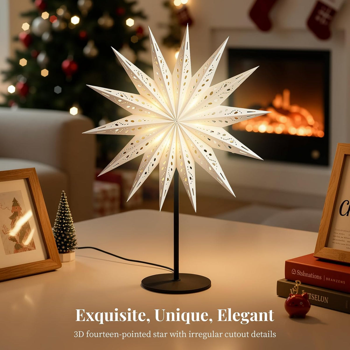 Lewondr 3D Christmas Paper Star Table Lamp, 17.72" 14-pointed Xmas Star
