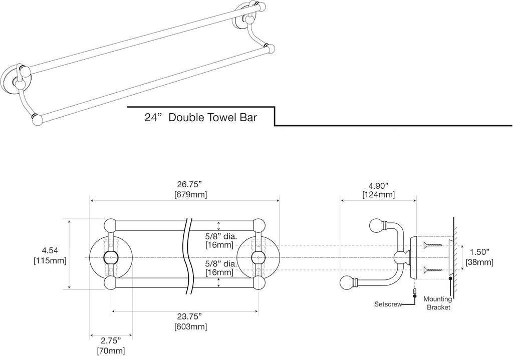Gatco 5054 Designer II Double Towel Bar, Wall-Mounted Bathroom Towel Holder, 24" Length, Brushed Brass Finish