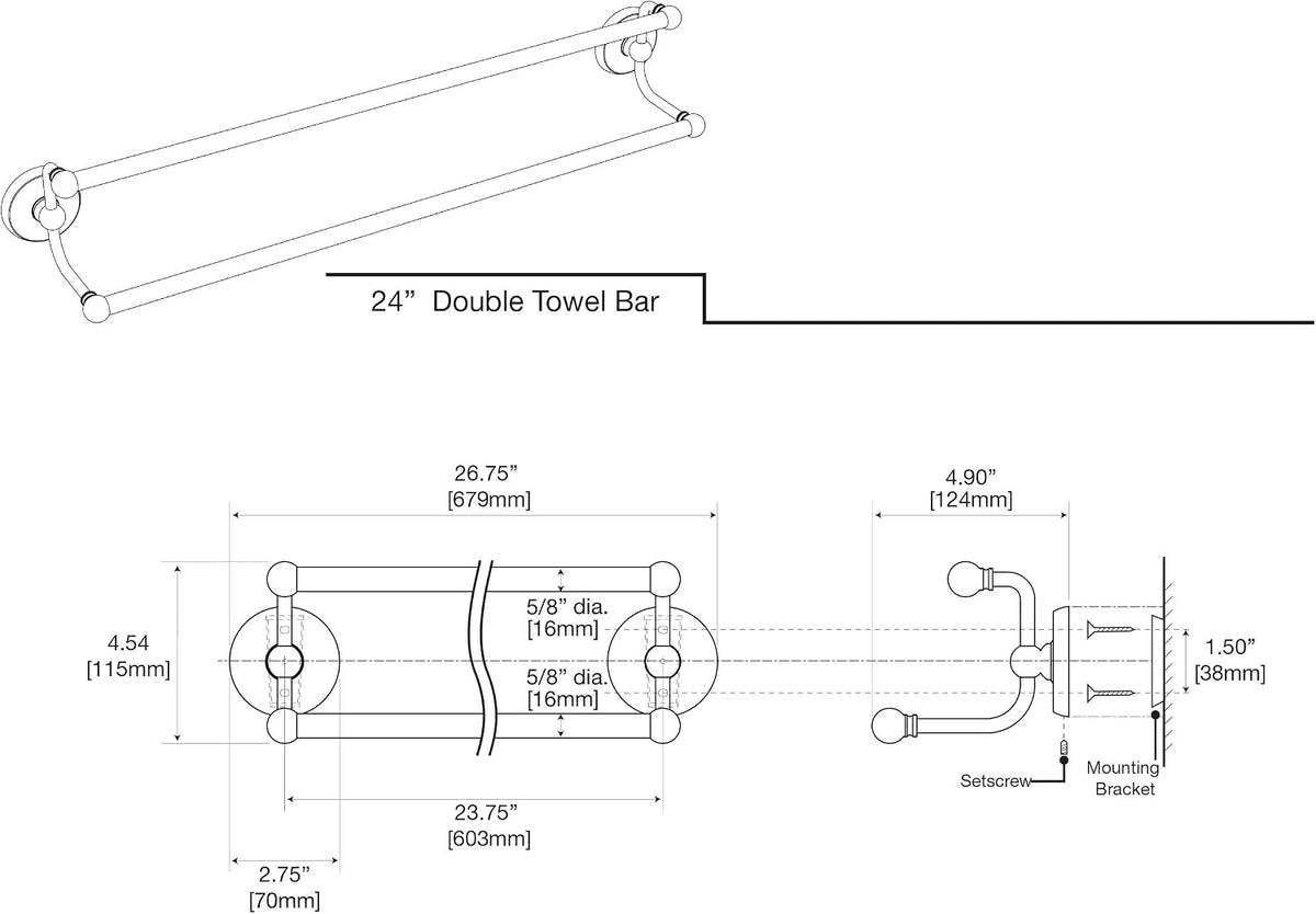 Gatco 5054 Designer II Double Towel Bar, Wall-Mounted Bathroom Towel Holder, 24" Length, Brushed Brass Finish