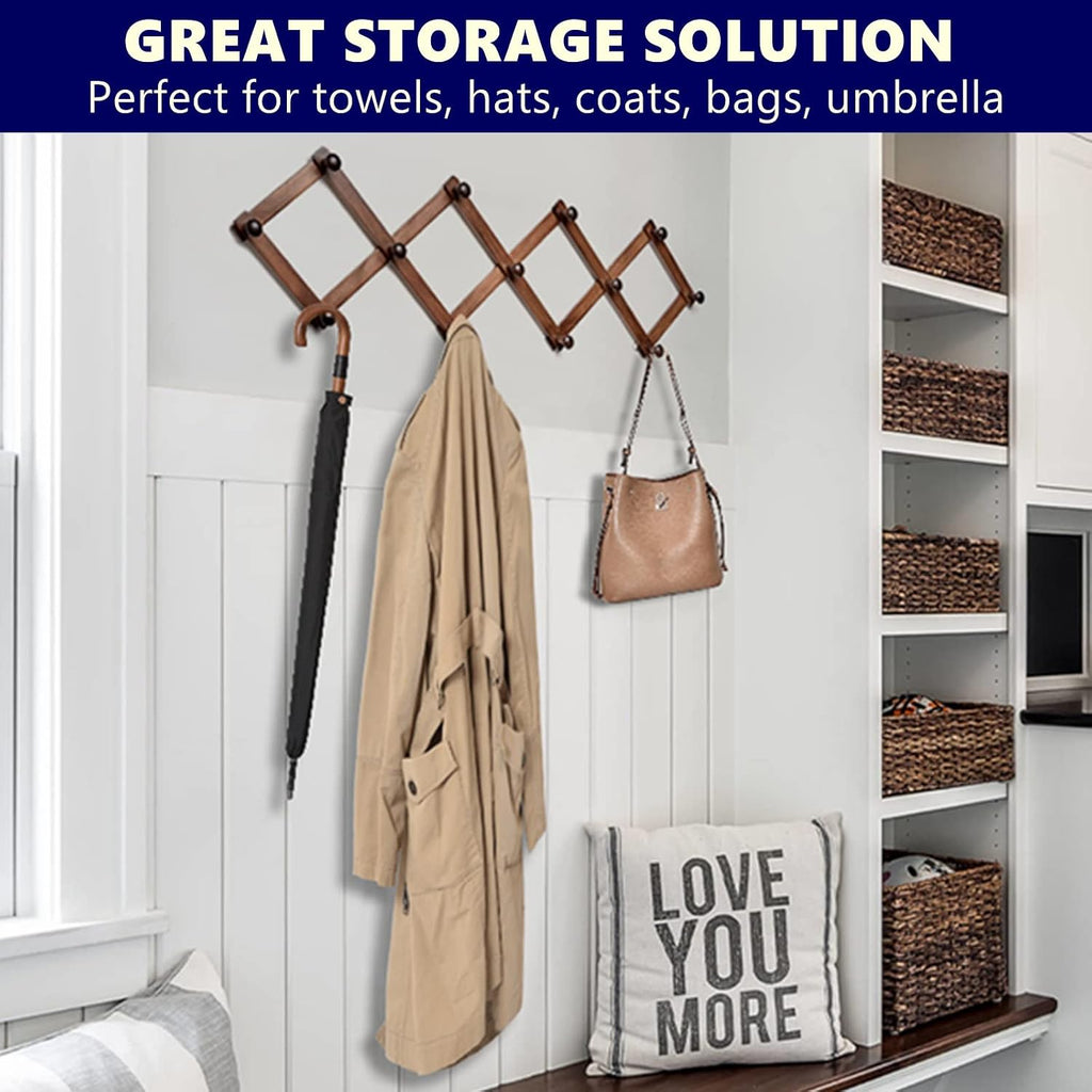 Amber Home Wood Accordion Wall Rack 13 Hooks (Pegs), Expandable Wall Mounted Hanger for Coat, Hat, Scarf, Coffee Mugs, X Shape Coat Hooks (Antique Retro Color)