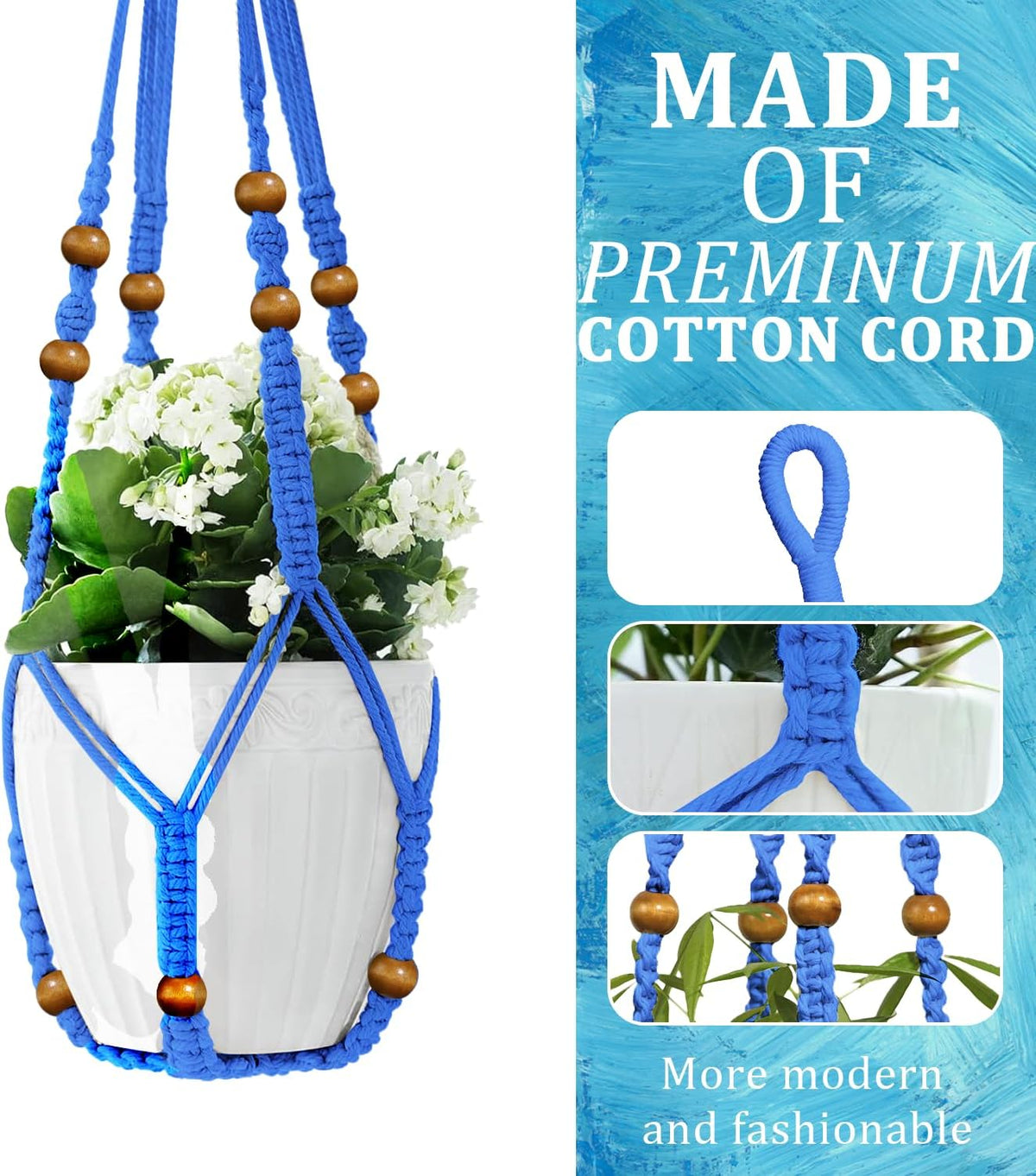 3 Pcs 35 Inch Macrame Plant Hanger Flower Pot Hanging Plant Holder No Tassels Decorative Hanging Planter Basket with Wood Beads for Indoor Outdoor Home Decor (Blue)