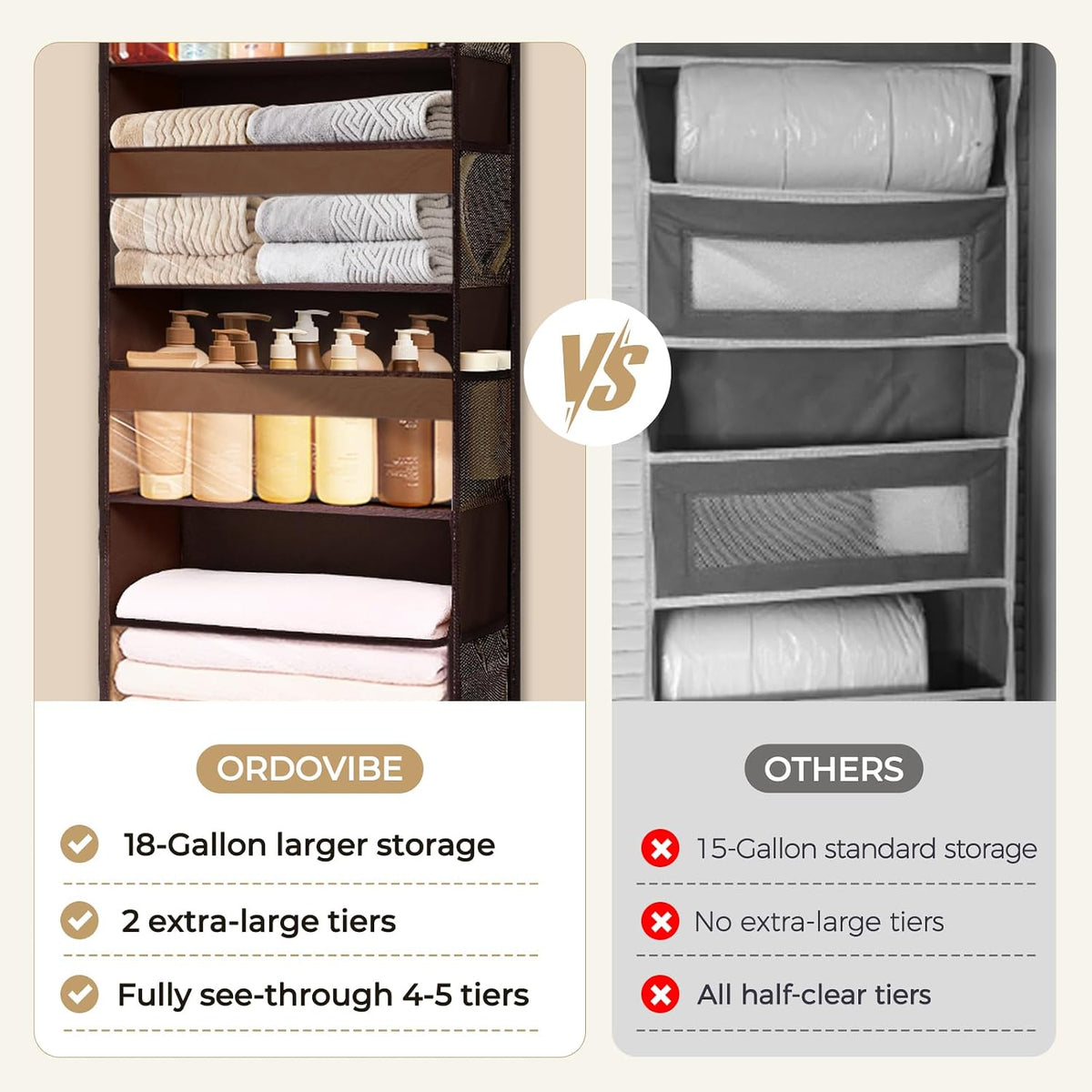 5 Tiers Over Door Organizer with 10 Mesh Side Pockets, 44 lbs Weight Capacity Hanging Storage Organizer with Clear Window Kids Toys, Shoes, Diapers, Dark Brown