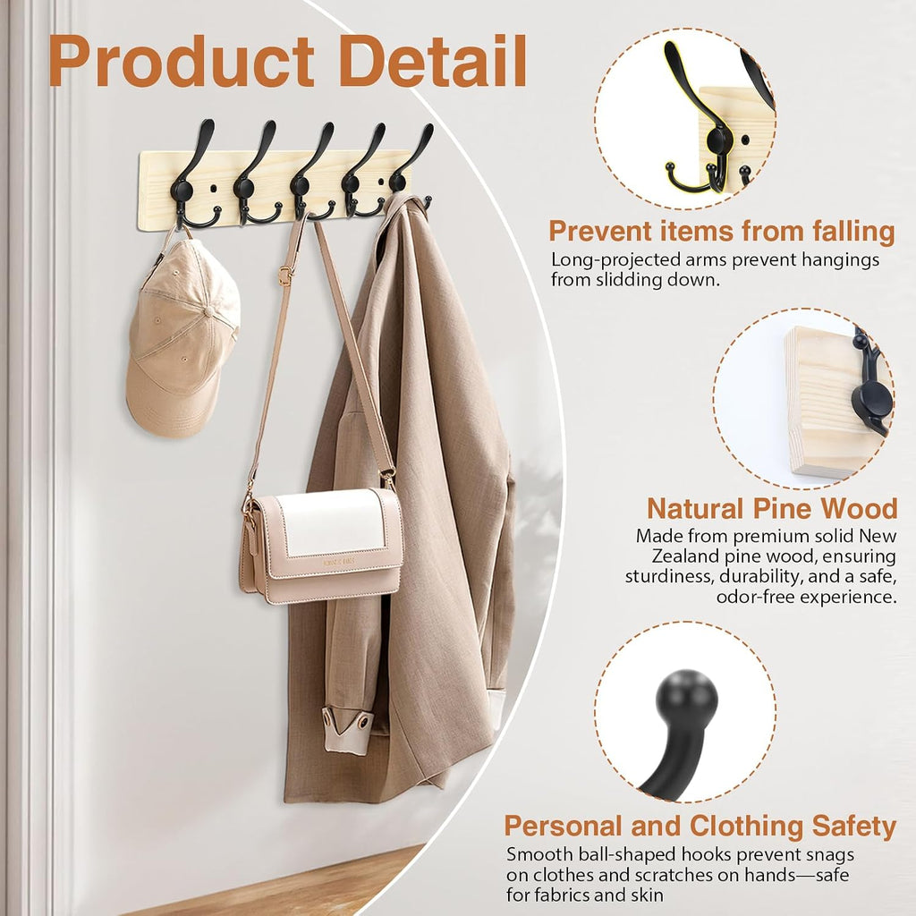 Wooden Coat Rack Wall Mount Heavy Duty, 2 Pack Coat Hanger Wall Mount with 5 Triple Hooks for Clothes, Jacket, Hat, Keys, Space Saving Entryway Organizer for Mudroom (Natural Plate & Black Hooks)