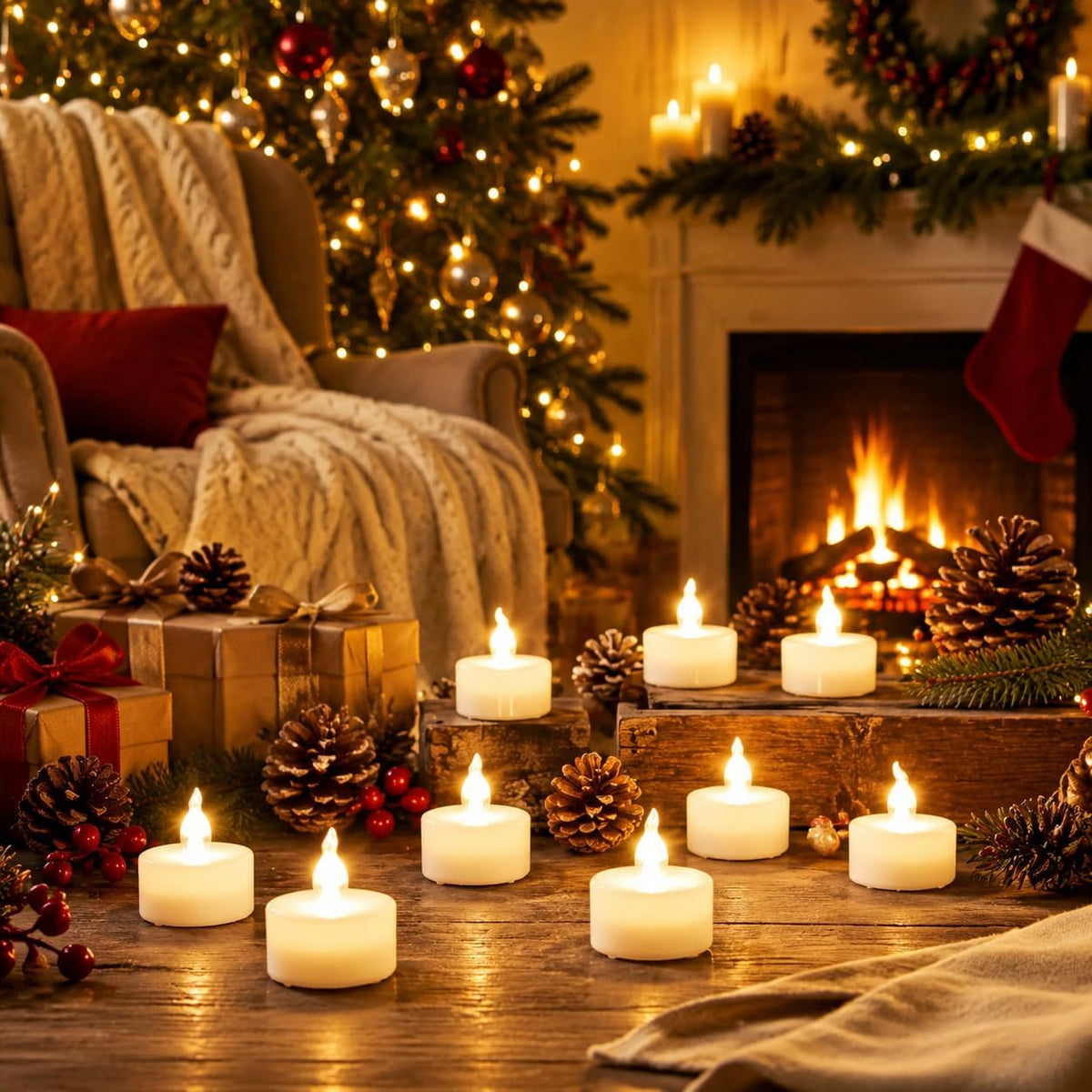 Cozeyat 12pcs Led Tea Lights with Timer Function(6Hrs On 18Hrs Off) Mini Flameless Candles Warm White Flickering Battery Operated Tealights for Christmas Wedding Halloween Party Home Decoration