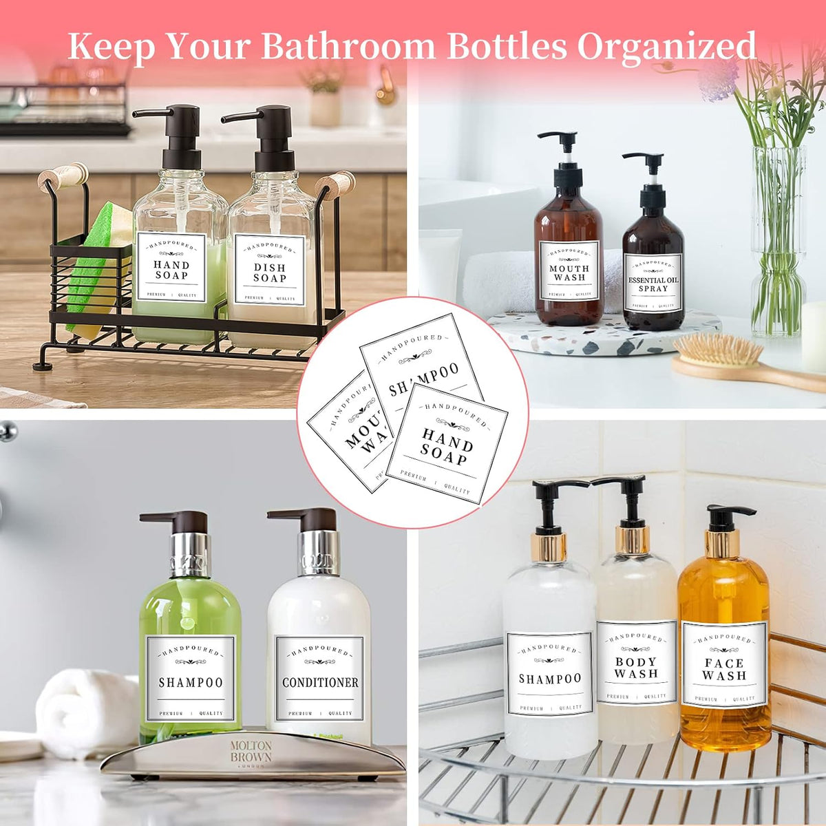 HVSWLY 27PCS Waterproof Lables for Bottles, Bathroom Hand Soap Shampoo and Conditioner Dispenser Label Stickers, Removable Bottle Labels for Mouthwash Body Lotion, with 3 Blank Labels (White)