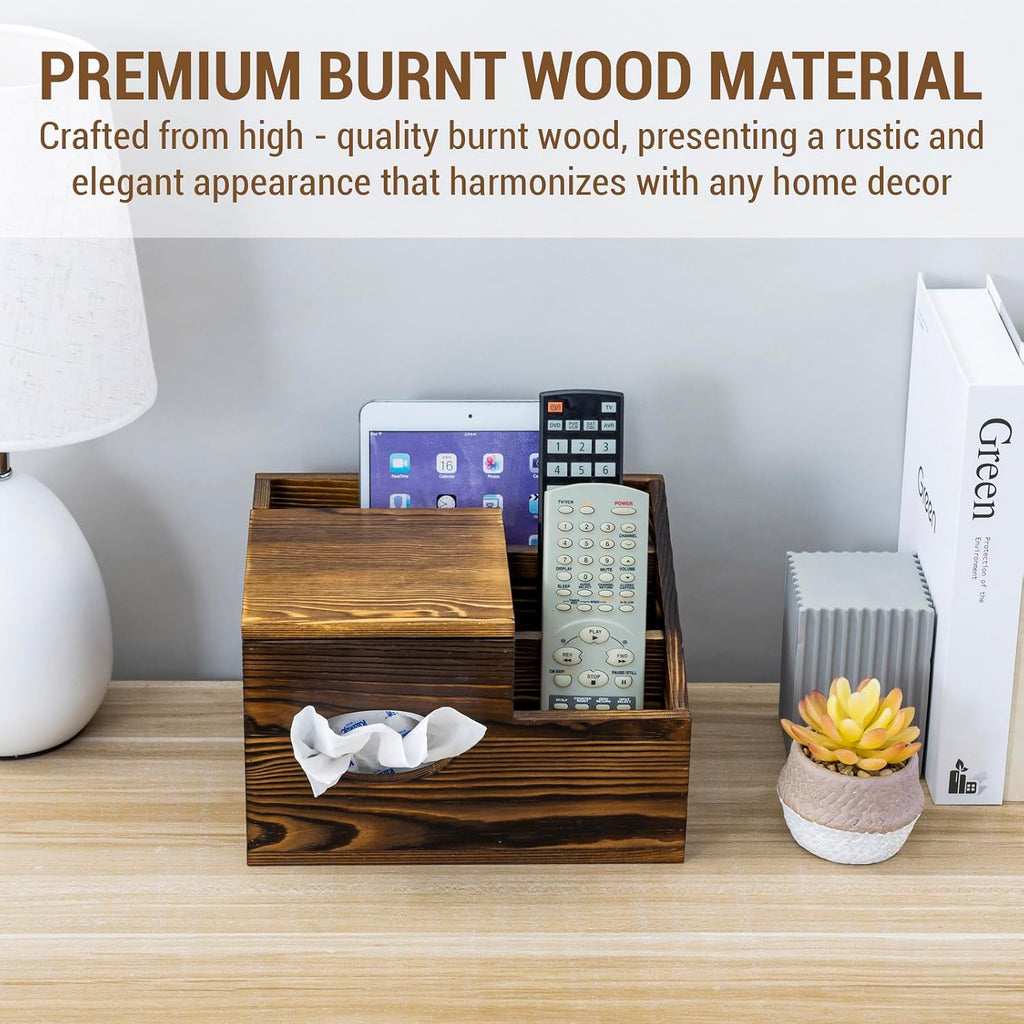 MyGift Deluxe Burnt Wood Remote Control Caddy with Tissue Box Cover – Multi-Compartment Organizer for TV Remotes, Phone, Tablets and Living Room Essentials
