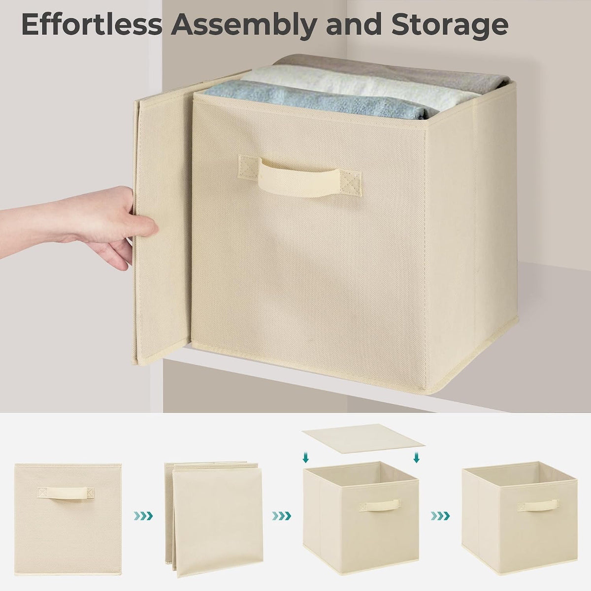 11x11 Inch Storage Bins Cubes, Fabric Foldable Storage Box, Collapsible Closet Organizer for Clothes, Blankets, Office, Bedroom, Living Room, Shelf Cabinet, Bookcase, Beige, 5 Pack