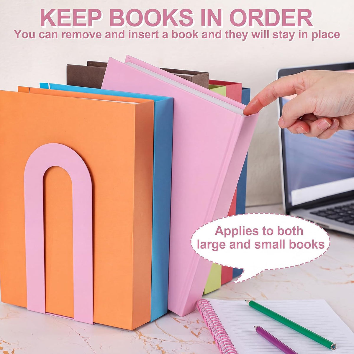 Chunful 6 Pcs Pink Metal BookEnds Shelves, 7.5 x 5.75 x 3.5 in