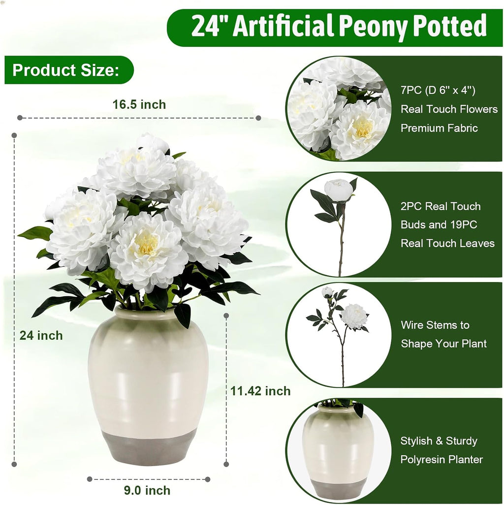 Faux Peony Plant 2FT Tall, Realistic Touch Leaves, Potted Peony Artificial Plants Indoor for Home Decor Small Office Home Living Room-White
