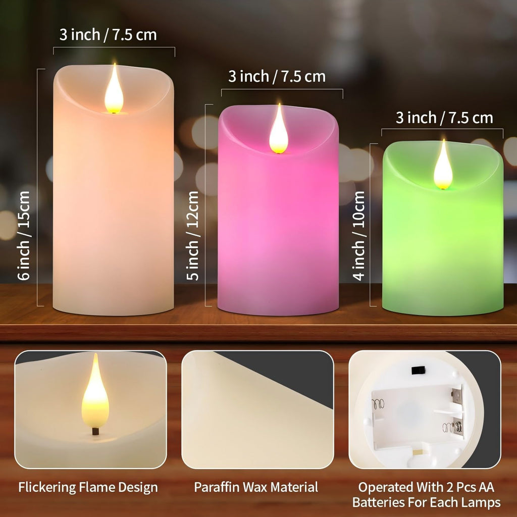 Flameless LED Color Changing Candles, Battery Operated Candle with Remote Control and Timer, Realistic Flame, Dimmable, Pillars for Halloween Decoration, D3''xH4''5''6'', 3Pcs