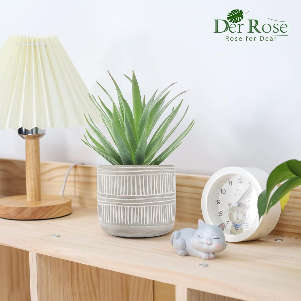Der Rose 8.5" Fake Succulent Plant in Striped Ceramic Pot for Boho Decor