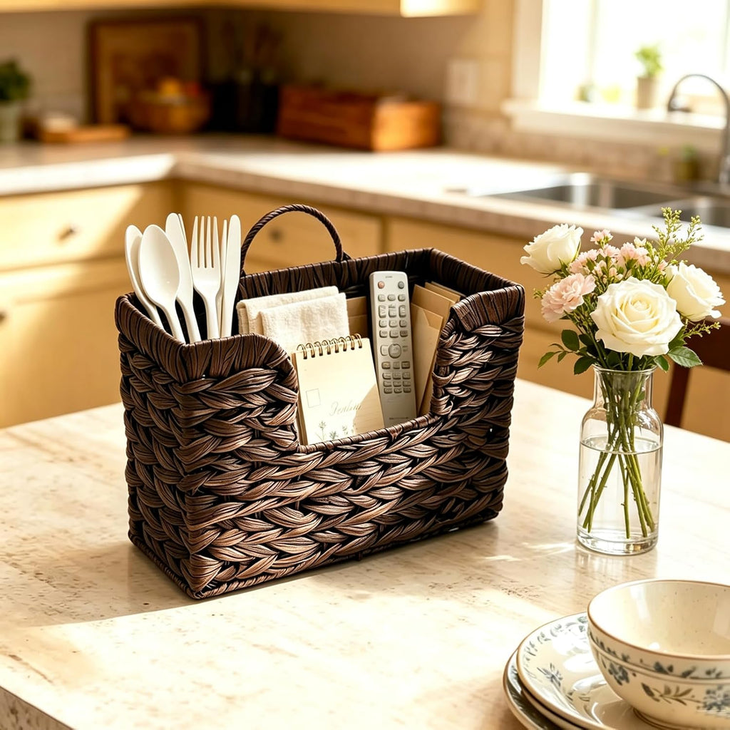 Hanging Magazine Basket, Woven Wall Magazine Holder Organizer with Handle for Mail, Files, Books - Water Hyacinth Farmhouse Storage Rack for Bathroom, Kitchen, Office (1, Brown)