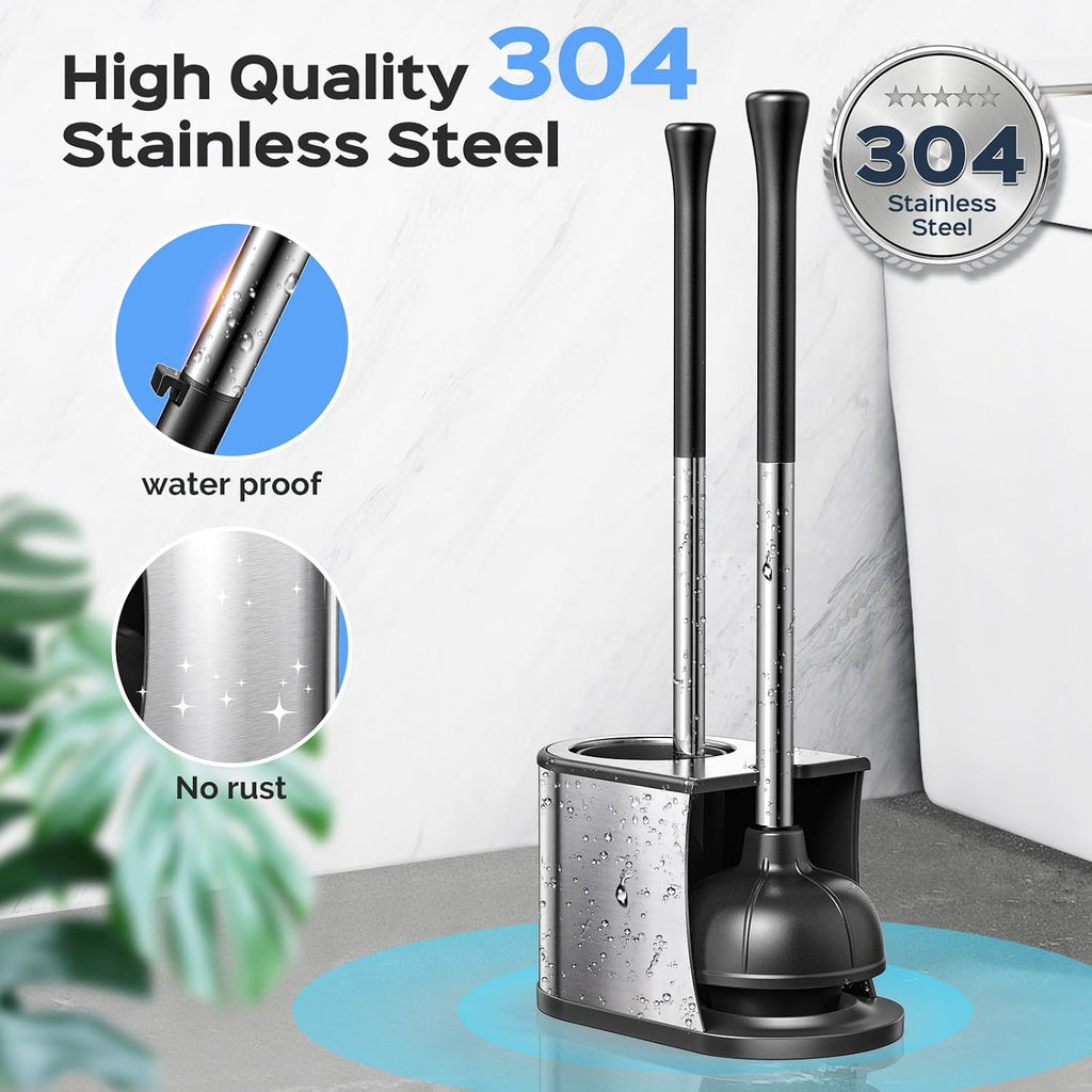 HAMITOR Toilet Plunger and Brush Set: 2 in 1 Stainless Steel Rustproof Combo with Deep Cleaning Curved Bristles - Heavy Duty Toilet Unclogging for Family Bathroom - Compact Apartment Accessories