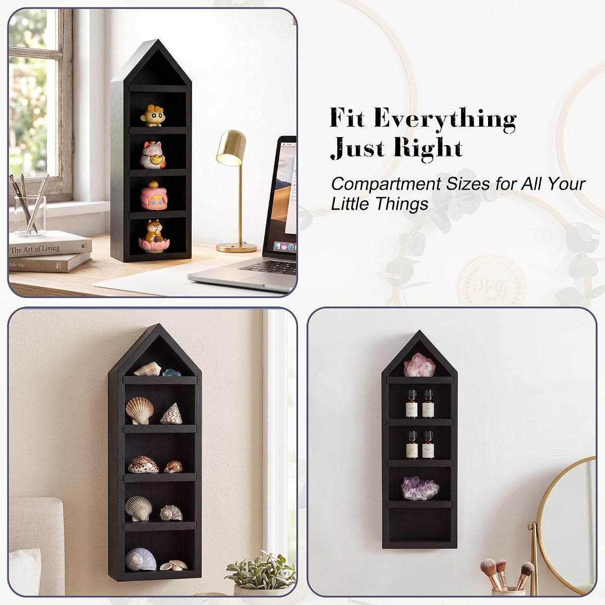 House Shaped Shadow Box with Removeable Shelves,Black,4x12