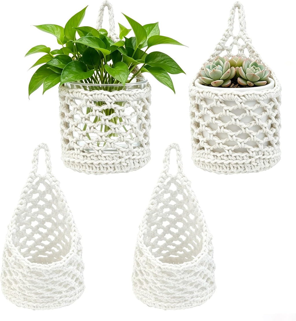 4-PCS 5 Inch Macrame Wall Plant Hangers, Small Wall Hanging Plant Holder for 4"–5" Pots, Natural Cotton Rope Hanger for Indoor Plants & Daily Storage, Boho Home Decor