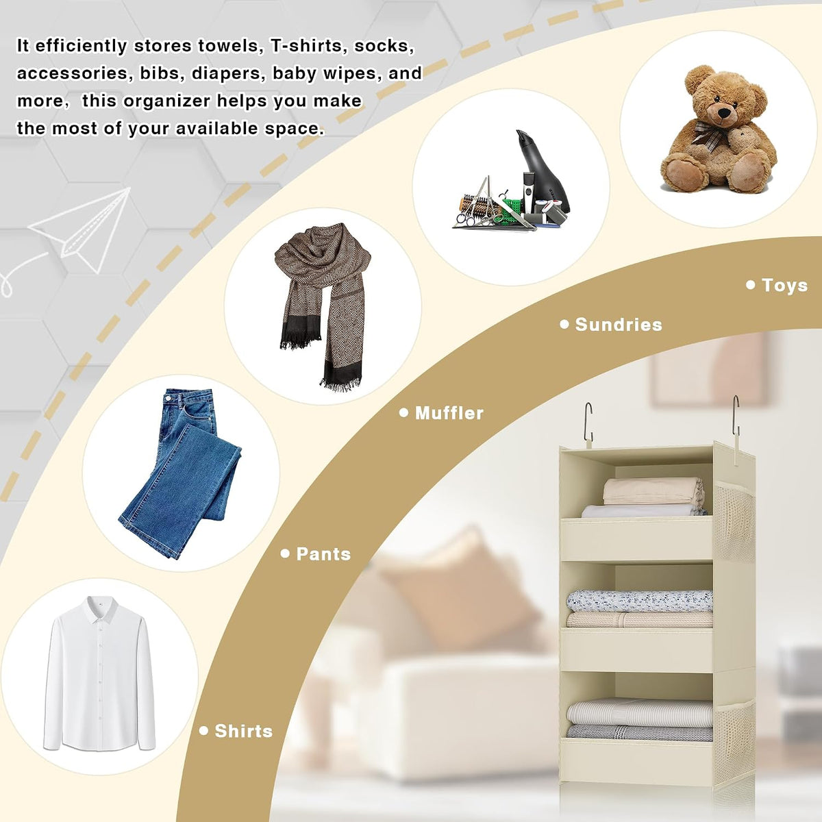 3-Shelf Hanging Closet Organizer, Washable Foldable Storage Shelves, Beige