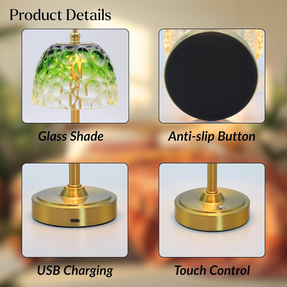 Cordless Rechargeable Table Lamp, Vintage Art Glass Shade, Dimmable, Green