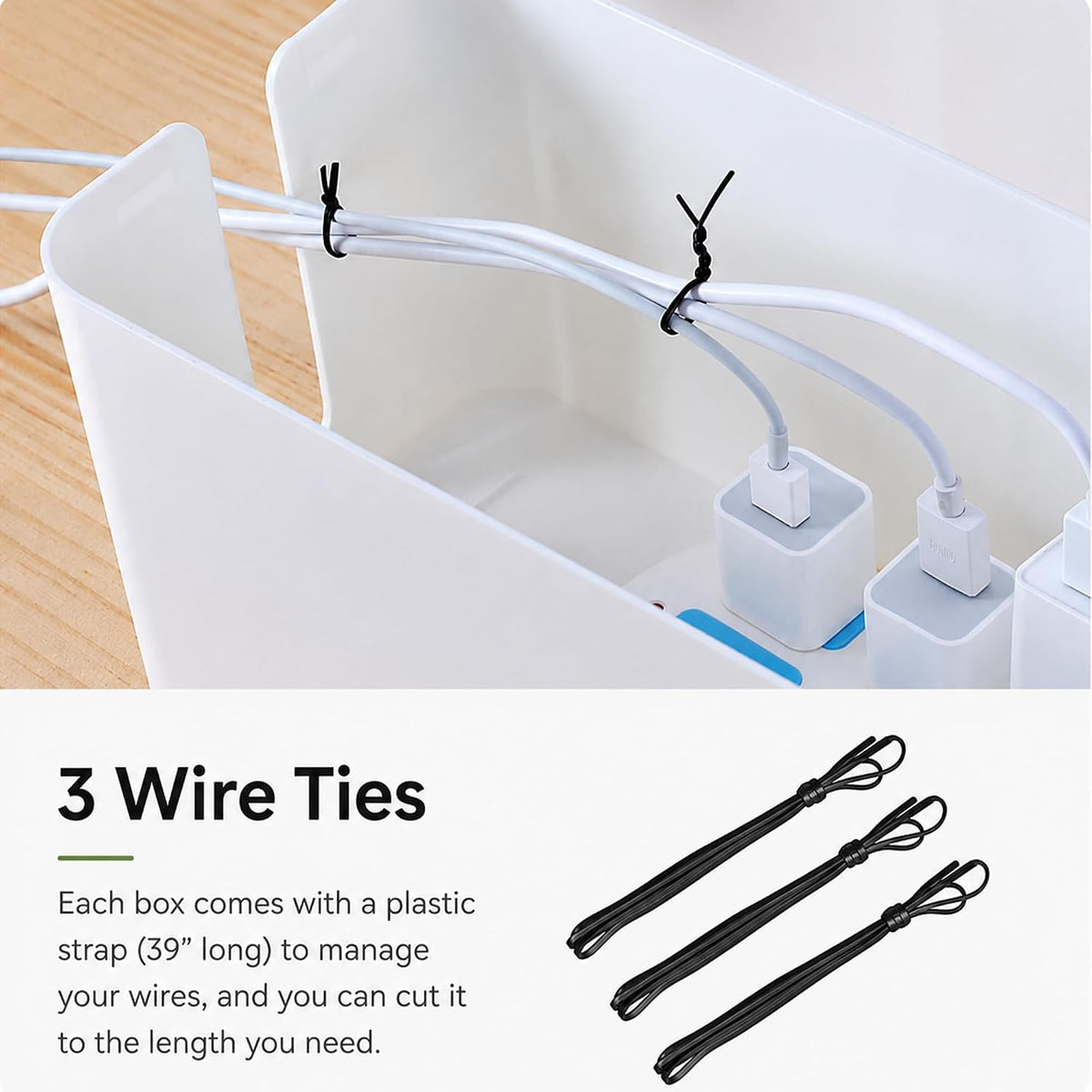 [Set of 3] 3 Cable Management Boxes + 3 Wire Ties, Large Cord Box Organizers to Hold and Hide Power Strip Charger Adapter Power Cord Charging Station USB HUB (White)