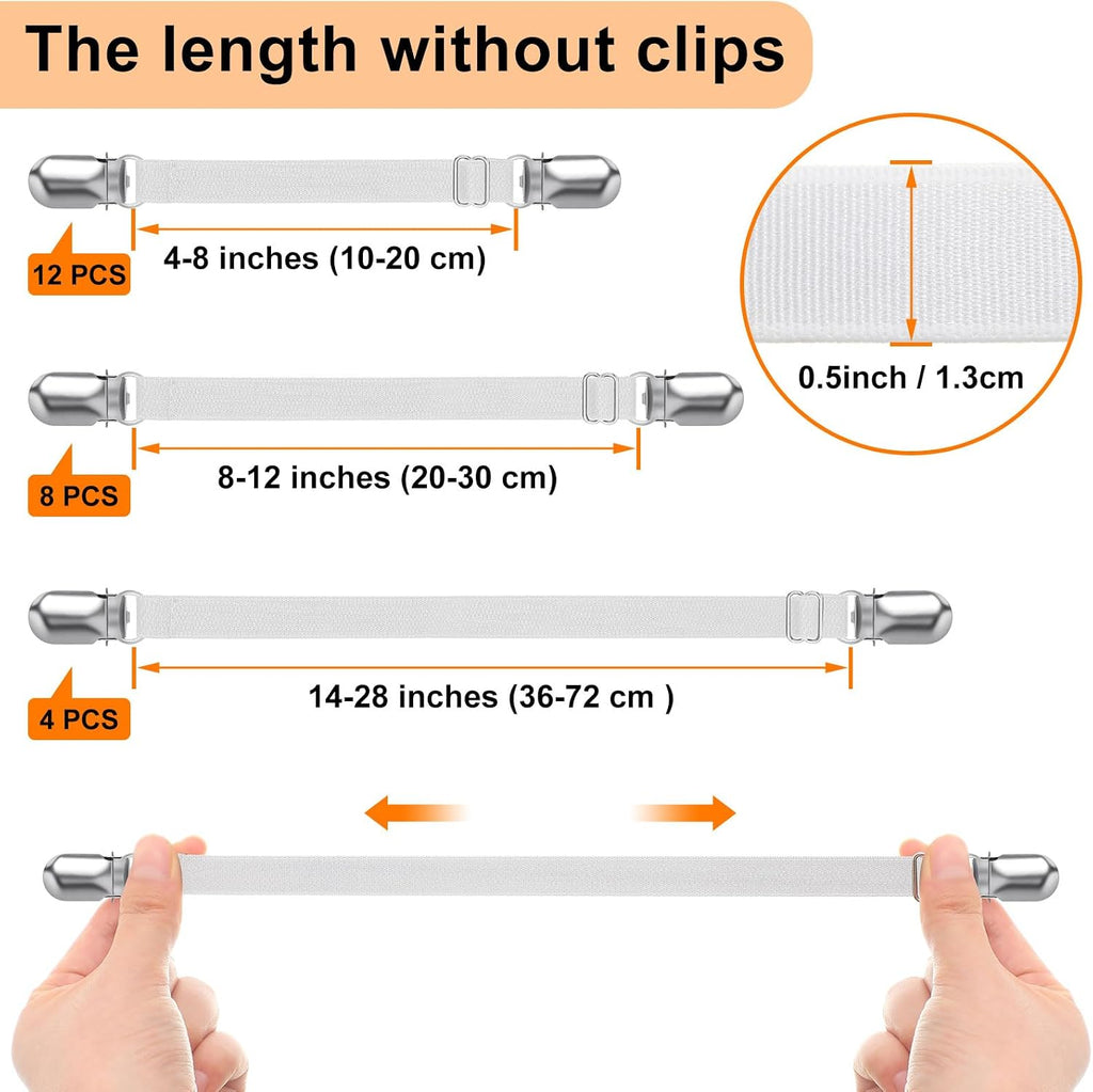Boao 24 Pcs Bed Sheet Straps Heavy Duty Adjustable Elastic Fasteners Fitted Bed Holder Mattress Corner Sheet Fasteners Clips for Home Room Couch Supplies(White)