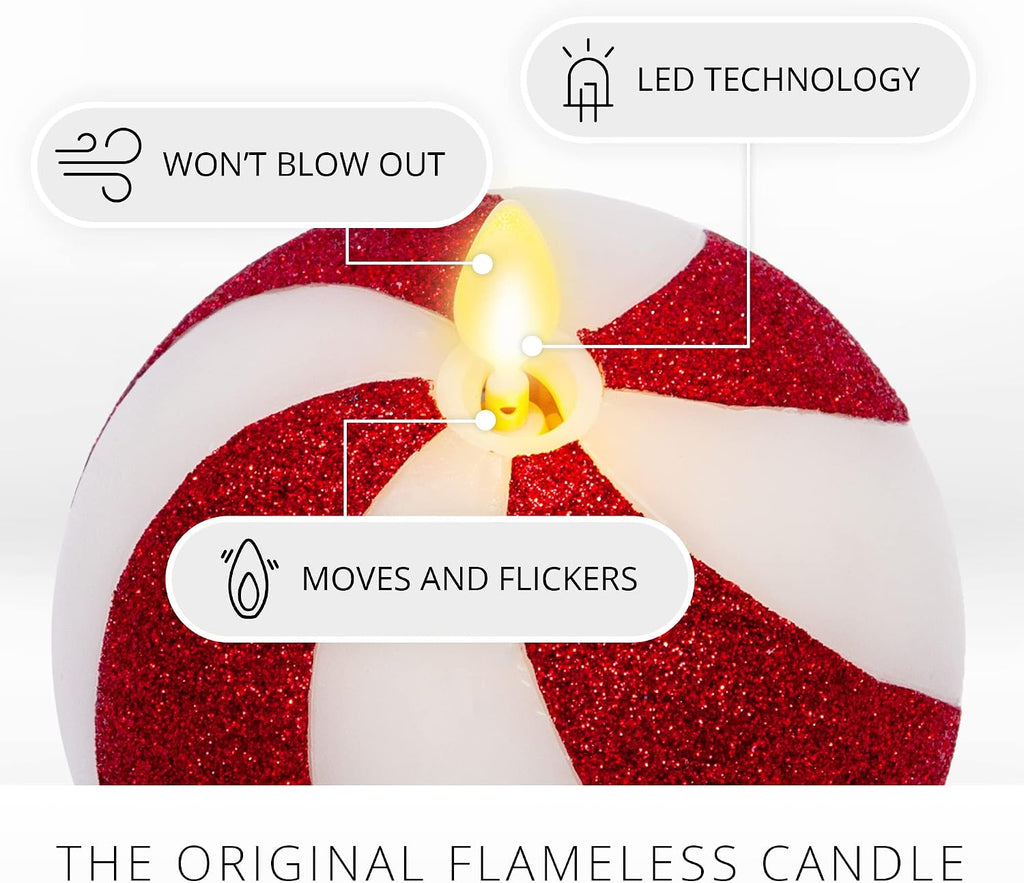 Luminara - Flameless Holiday Crystal Beads Glitter Sphere Candle - Candy Cane Red - Pack of 1-4x4.25 - Auto Timer Built-in 5-Hour Timer Indoor Use