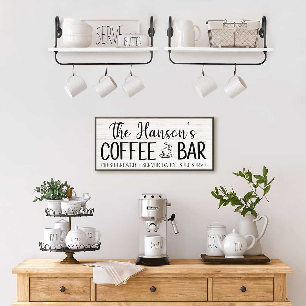 Olakee Floating Wall Shelves for Kitchen Bathroom Coffee Nook with 10 Adjustable Hooks for Mugs Cooking Utensils or Towel Rustic Storage Shelves Set of 2/17x5.9 inch (White)