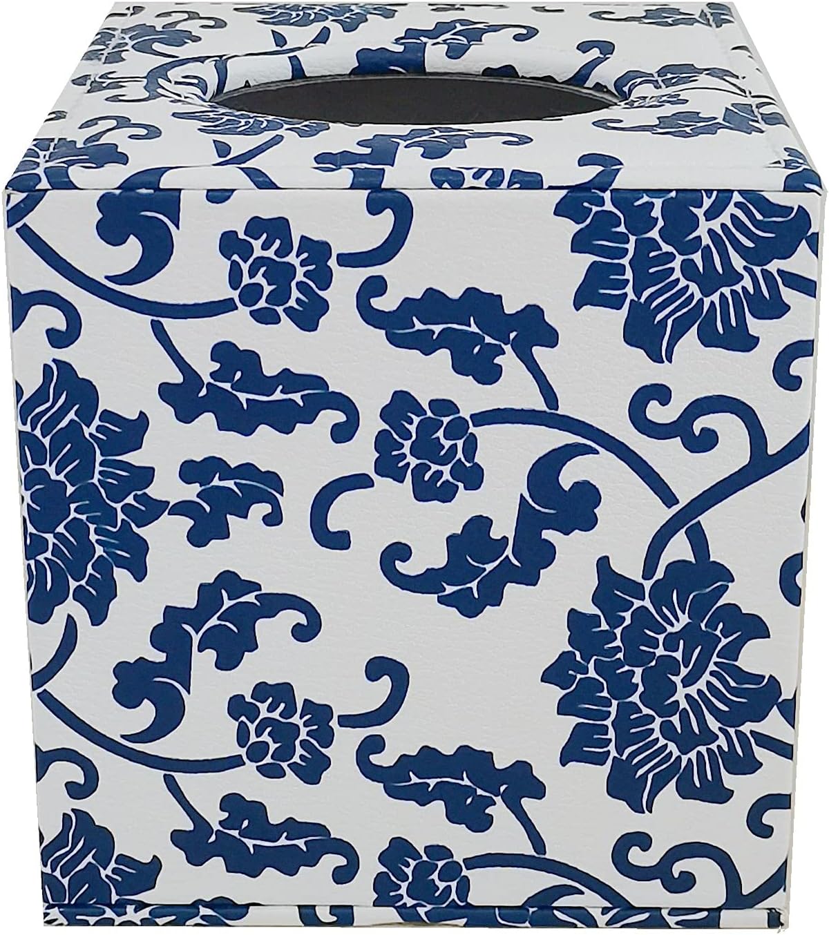 S Forever Home Decor Flower Pattern Faux Leather Tissue Box Cover (Square,Blue and White Porcelain)