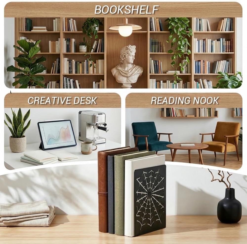 Metal Decorative Bookends Set, Spider Web & Football Player Silhouette, Sturdy Non-Slip Book Holders for Shelves, Black (Heroic Web - 1 Pair (2 Pcs))