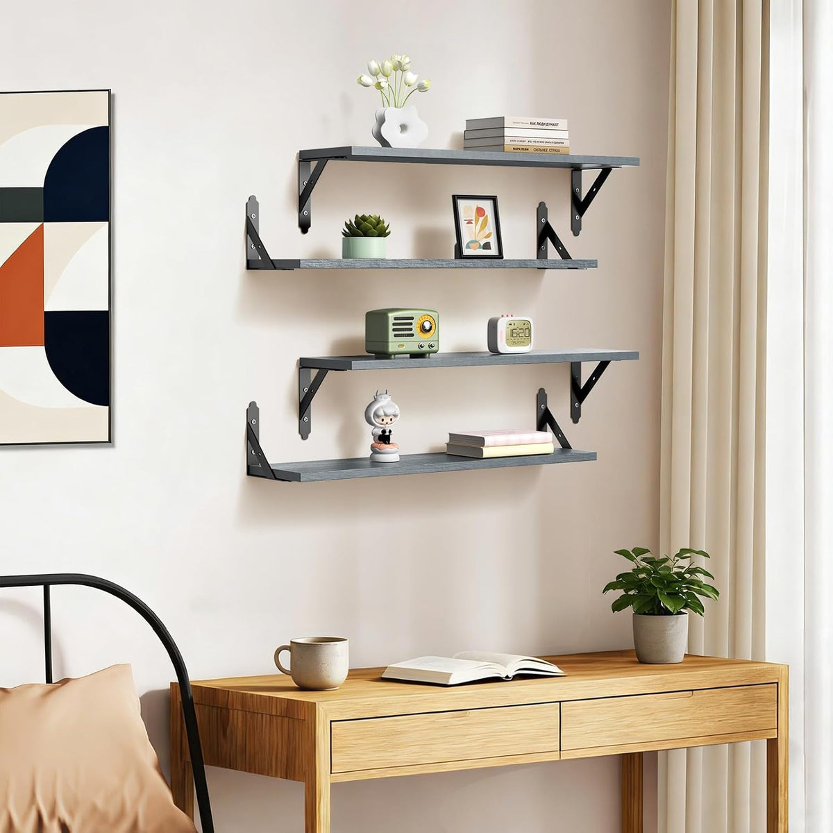 ROMGUAR CRAFT Wood Wall Floating Shelves Set of 4, 23.6" x 6" - Grey