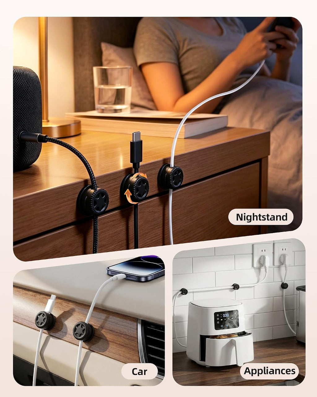 AGPTEK Magnetic Cable Clips Black, 360° Rotating Cord Holder for Nightstand