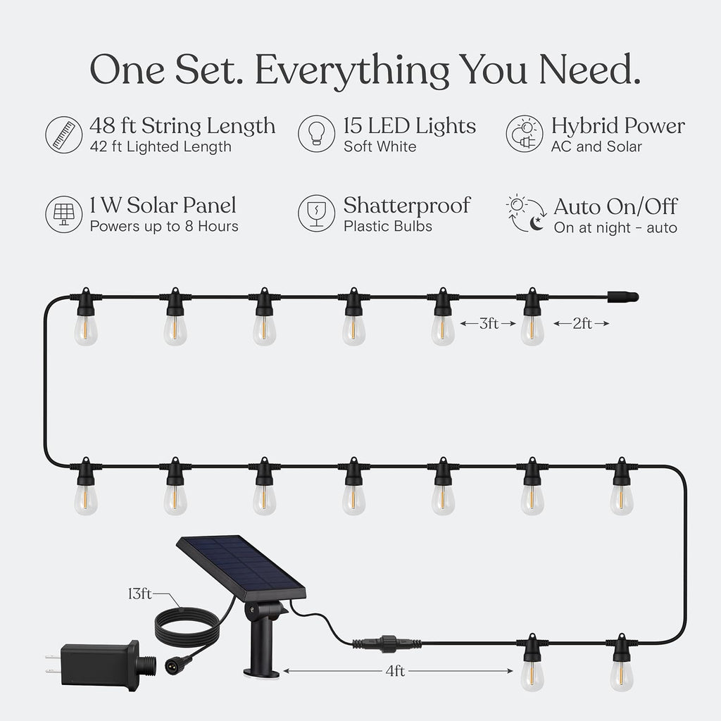 Brightech Ambience Hybrid Outdoor String Lights - Dual Plug and Solar Powered Waterproof LED Light String for Outside - 48 Ft, Soft White Edison Bulbs, for Camping, Patio, Cafe, Yard, Porch