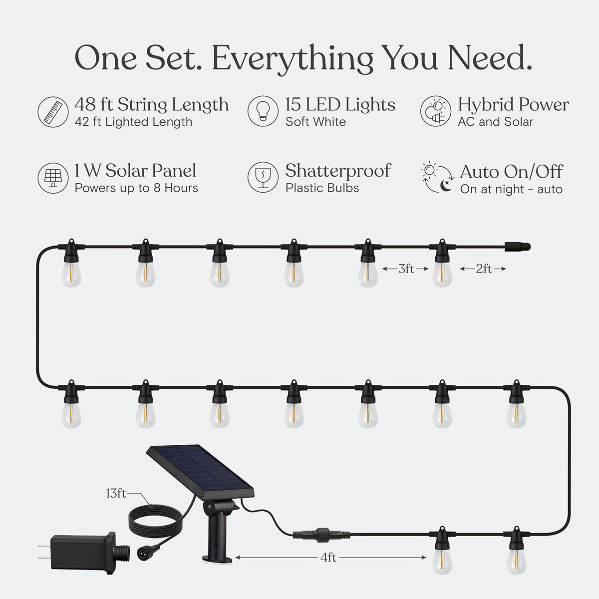 Brightech Ambience Hybrid Outdoor String Lights - Dual Plug and Solar Powered Waterproof LED Light String for Outside - 48 Ft, Soft White Edison Bulbs, for Camping, Patio, Cafe, Yard, Porch