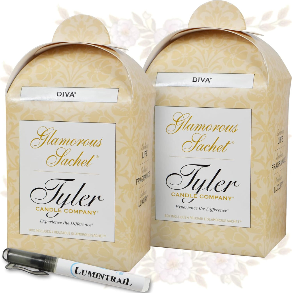 Tyler Candle Diva Dryer Sachets, 8 Glamorous Reusable Dryer Sachets, 2 Pack (4 per Pack) Bundle with Lumintrail Stain Remover Pen, Home Laundry Softener Sheets, Scent for Clean Fabric Detergent Beads