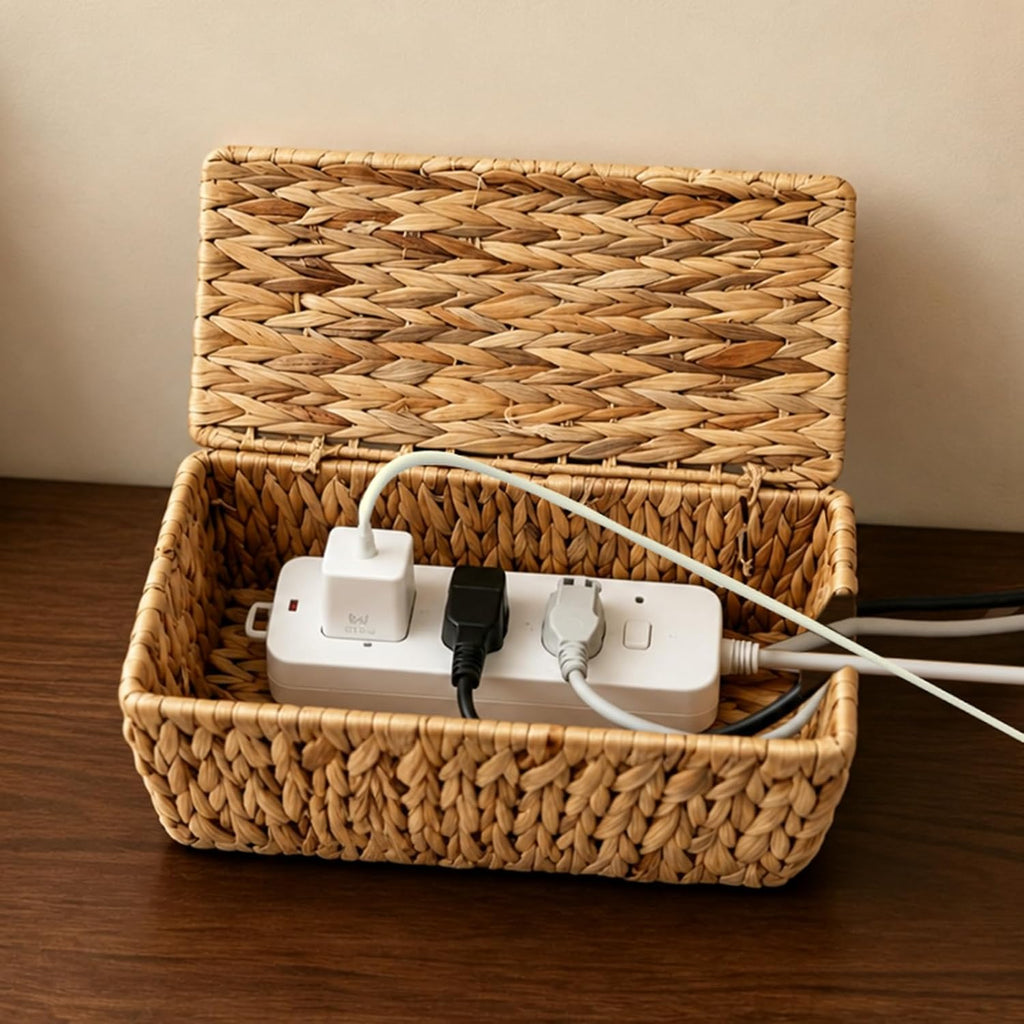 Cable Management Box, Small Cord Organizer Box for Power Strip | Handwoven Water Hyacinth Storage Basket with Metal Frame, Decorative Cable Organizer for Desk, Office, Living Room & Bedroom
