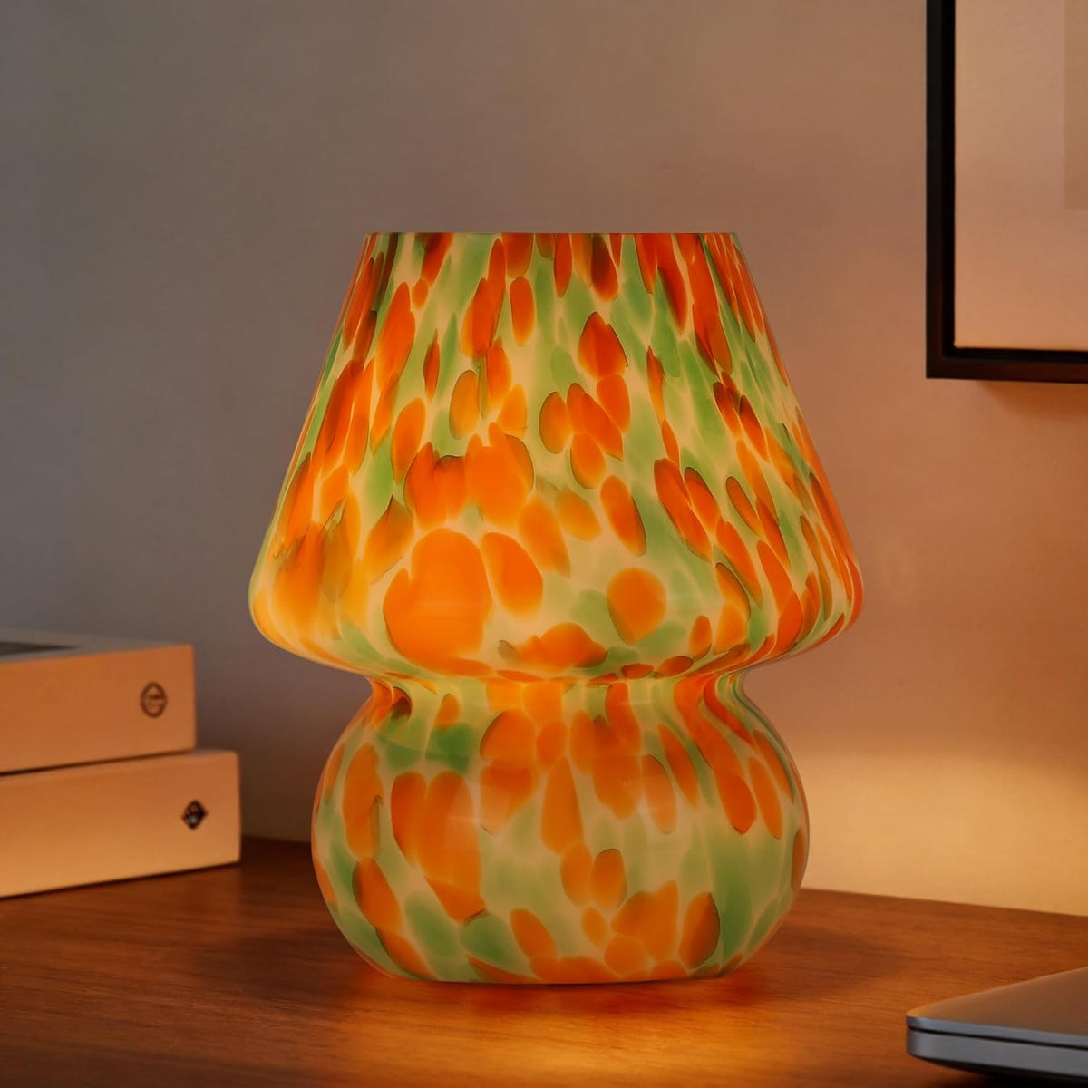 Mushroom Lamp Set of 2, Small Glass Table Lamp, Bedside Nightstand Lamp, Cute Desk Lamp for Bedroom, Dorm, Living Room & Kitchen, Classic Vintage Home Decor Lamp (2, Green&Orange)